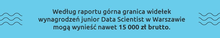 Niebieska grafika z tekstem: Według raportu górna granica widełek wynagrodzeń junior Data Scientist w Warszawie mogą wynieść nawet 15 000 zł brutto.